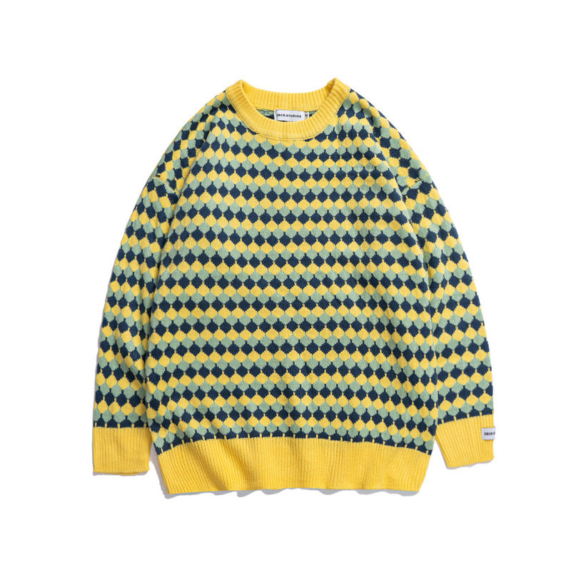 Mens Fall Outfits High Street Striped Couple Knitwear Sweater Simple Retro Crew Neck