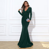 Burgundy Dresses for Wedding V-neck French Style Long Slimming Long Sleeve Retro Adult Evening Dress