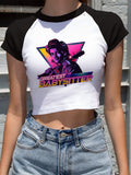 Stranger Things T Shirt Cow Head Print Exposed Navel Black Sleeve Stitching Cartoon T-shirt Sexy