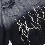 Men Denim Coat Jean Jackets Dark Style Lightning Print Tie-Dye Denim Jacket Men's Loose Lapels Cardigan Coat