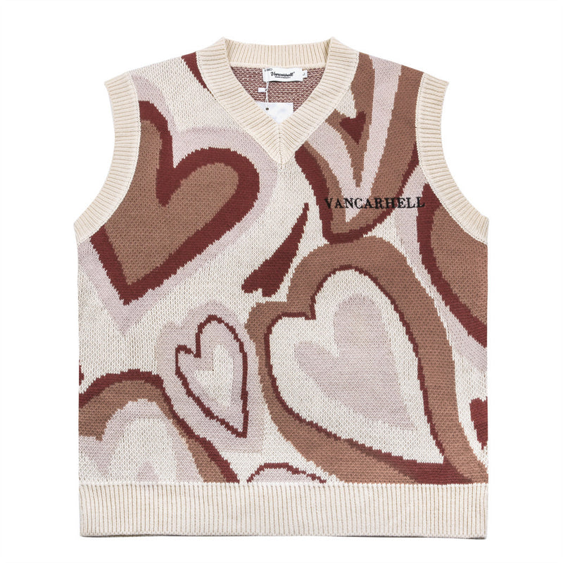 Men Sweater Vest Love Jacquard Sweater Vest Men's BF Idle Style Loose V-neck Sleeveless Sweater Vest