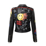 Women Leather Jacket Biker Motorcycle Coat Women's Graffiti Printing Coat Women's Jacket