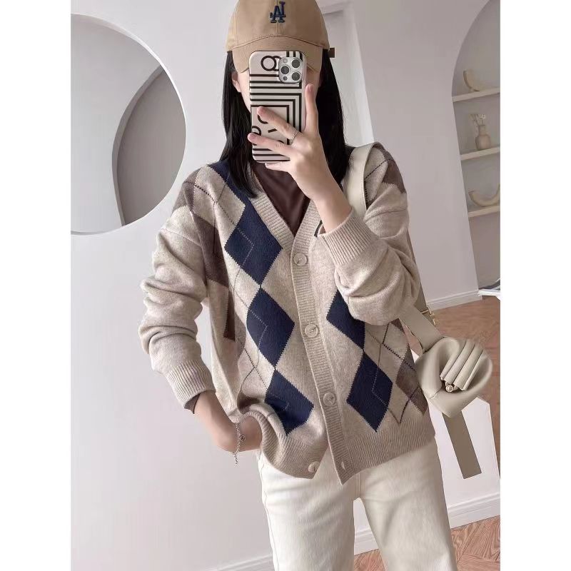 Preppy Aestitic Sweater V-neck Knitted Loose Sweater Coat for Women