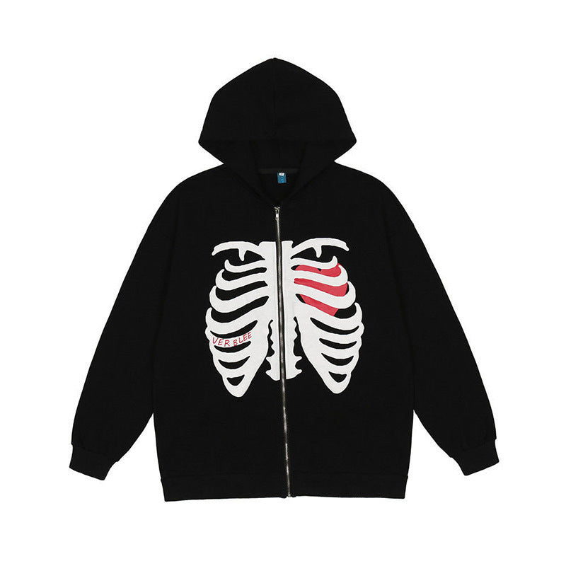 Skeleton Varsity Jacket Skull Printed Full-Zip Cardigan Coat Hooded
