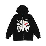 Skeleton Varsity Jacket Skull Printed Full-Zip Cardigan Coat Hooded