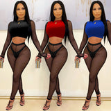 Party Pants Suits Women's Clothing Sexy Color Block Long Sleeve Short Top Mesh