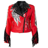 Women Leather Jacket Biker Motorcycle Coat Women's Printed Red Leather Short Slim Fit