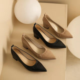 Nude Block Heels Soft Leather Chunky Heel High Heels Pointed Toe Pumps Leather Shoes