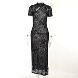 Nina Parker Black Dress Sexy Slim-Fit Solid Color Flocking Cheongsam Dress