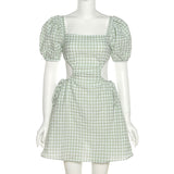 Gingham Dress Summer Fashion Trends Women's Bubble Sleeve Square Collar Hollow-out Loose Plaid Dress