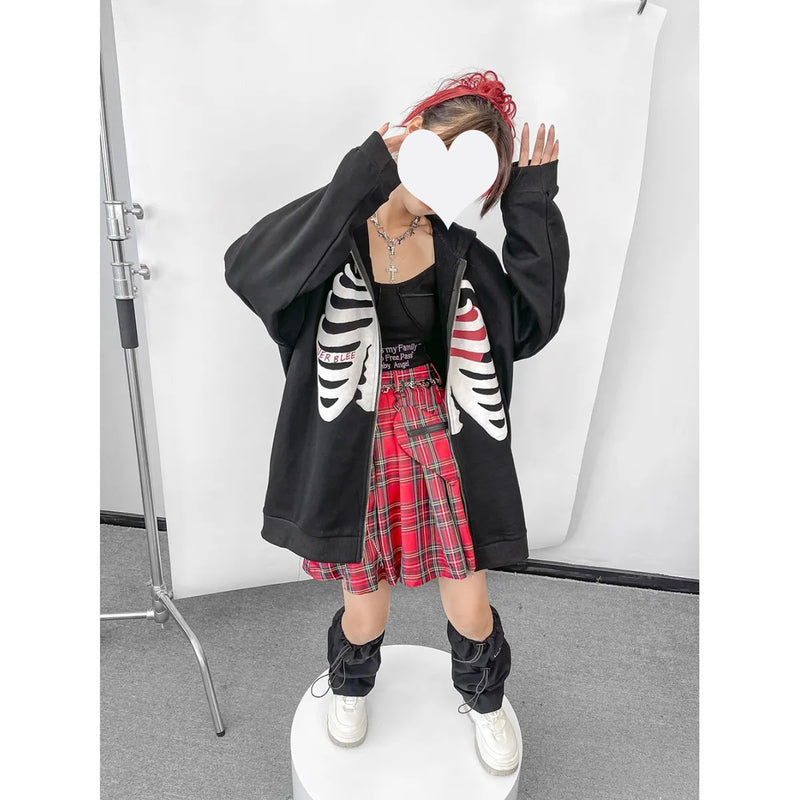 Skeleton Varsity Jacket Fall Hooded Cardigan Sweater Women's Loose Printed Zipper