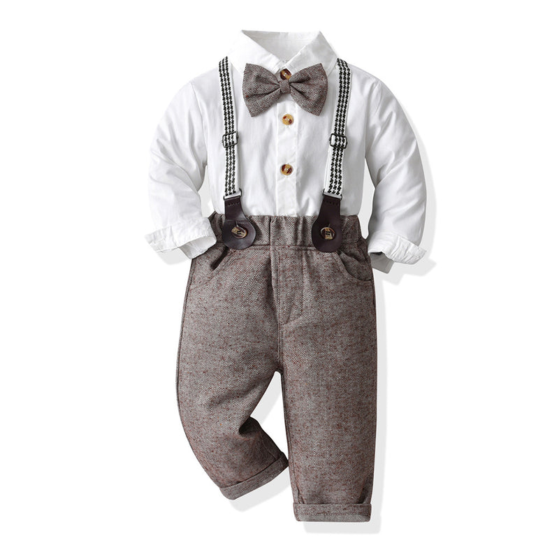 Children Boy Formal Shirt & Suspender Pants 2 Pieces Set Fall Children and Teens Long Sleeves Butterfly 2 Piece Set