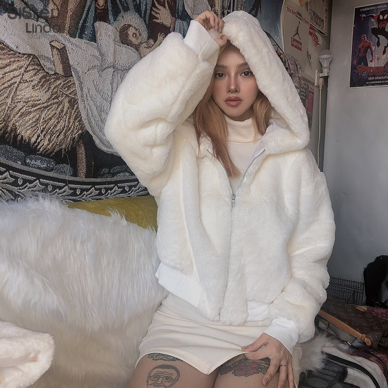 Women Winter Coats Women's Long Sleeve Zipper Hooded Plush Loose Women's Jacket