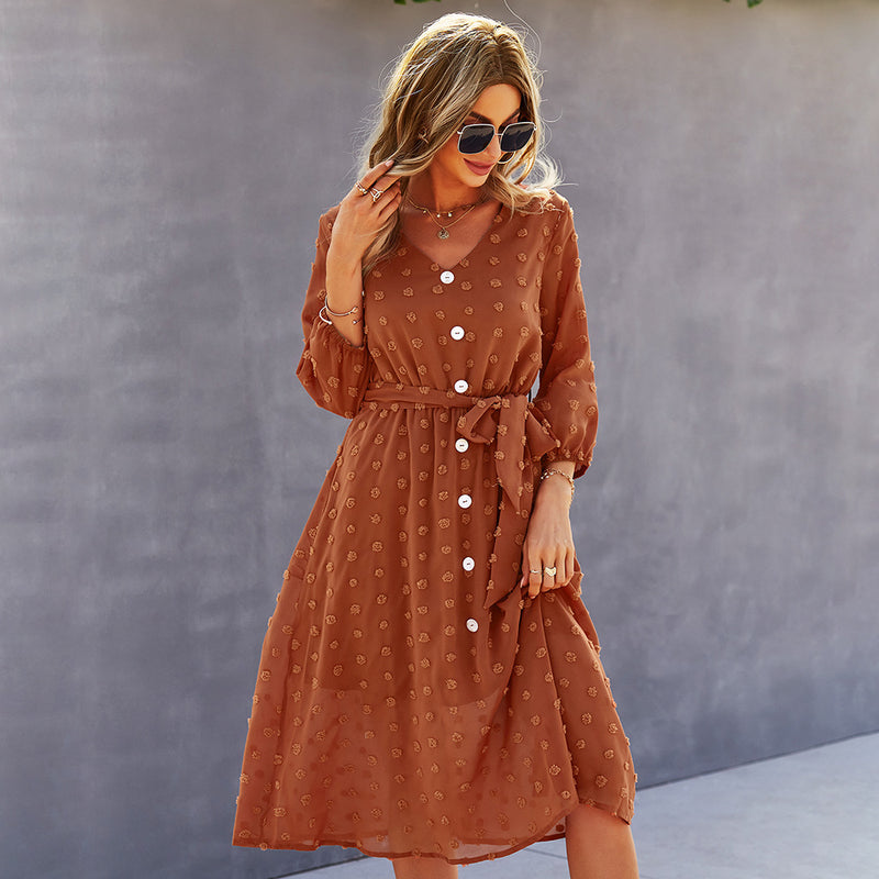 Burnt Orange Dress Design Fashion Spring and Autumn 5-Quarter Sleeve Women's Stand-Alone Dress