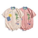 Baggy Baseball Jersey Animal Smiley Printed Cotton Short-Sleeved Shirt Men's Loose Casual