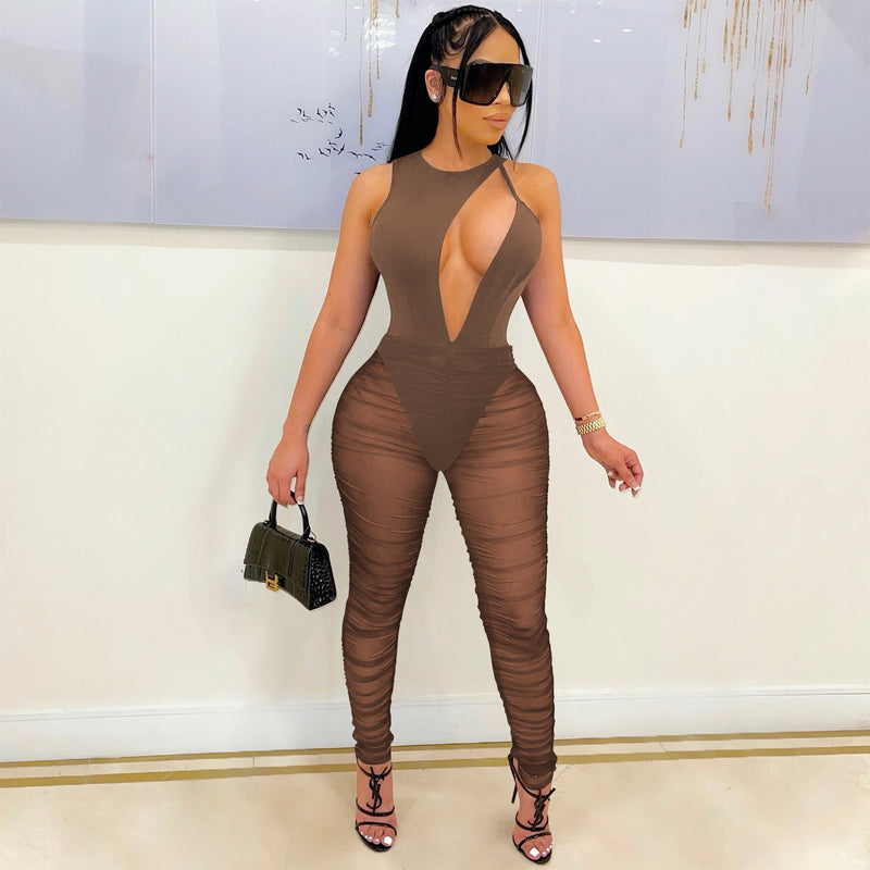 Party Pants Suits Sexy Nightclub Solid Color Sleeveless Mesh See-through Jumpsuit