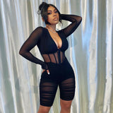 Solid Color Hollow-out Long Sleeve Sexy Pleating Shorts Mesh Jumpsuit