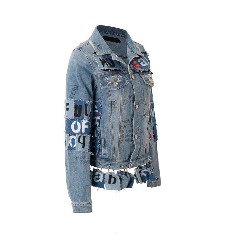 Patchwork Denim Jacket Spring and Autumn Letter Denim Jacket Trendy Punk