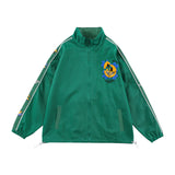 Green Varsity Jacket Spring and Autumn Fun Cartoon Flocking Stand Collar Raccoon Retro Couple Loose Sports Men Coat