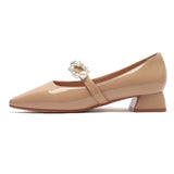 Nude Block Heels Closed Toe Pearl Chunky Heel Pumps Female Autumn Women's Fashion Shoes