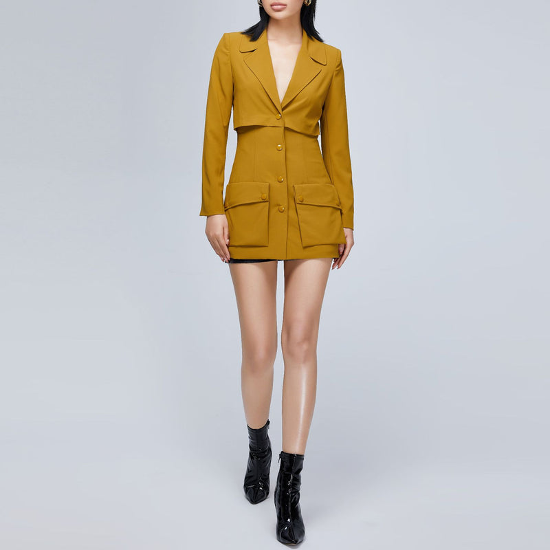 Women Spring Dress Spring and Autumn Socialite Turn-down Collar Coat Yellow Suit Coat Dress