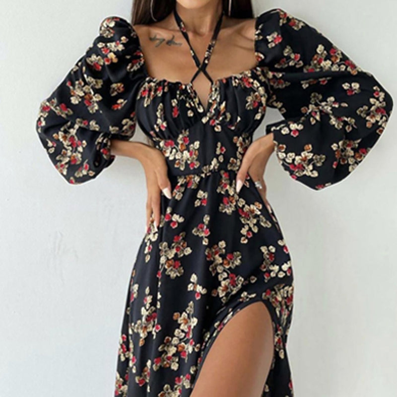 Emery Rose Dresses Long Sleeve Printed Halter Dress Puff Sleeve Split Dress