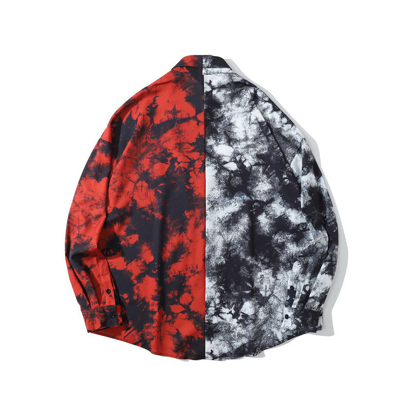 Mens Fall Outfits Autumn and Winter Men's Necklace Tie-Dyed Stitching Long-Sleeved Shirt Loose