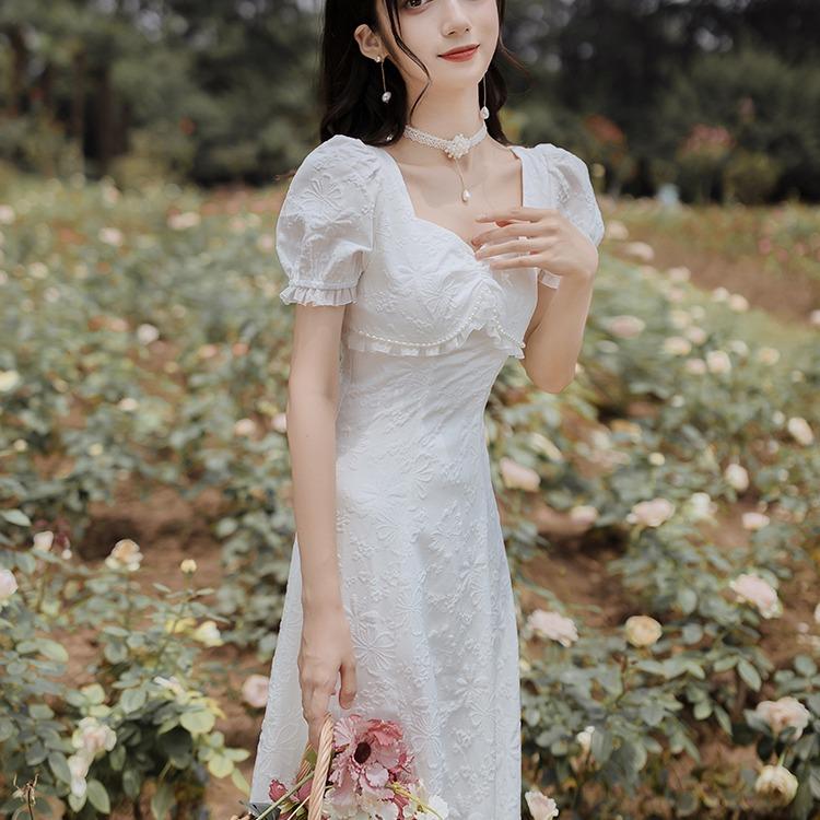 Women Retro Cottagecore Vintage Dress Retro Square Collar High Waist Slimming White Corset Mid-Length Dress Summer