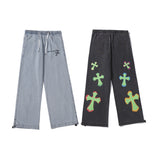 Mens Fall Outfits Vintage High Street Cross Graffiti Printing Jeans Men and Women Straight Loose-Fitting Wide-Leg Trousers