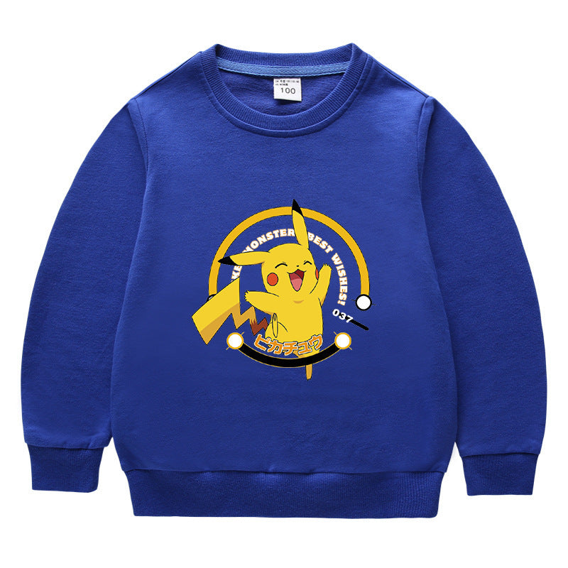 Children Pokemon Pikachu Hoodie Spring and Autumn Solid Color round Neck Sweater Long Sleeve Cotton