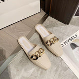 Finn Chain Pointed Toe Mule Heel-Free Square Toe Half Slippers Metal Buckle Thick Heel Toe Box Lazy Shoes
