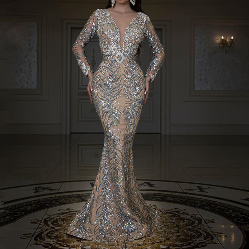 Bohemian Chic Wedding Guest Dress Gilding Long Sleeve Slim Sexy Dress Evening Dress