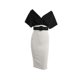 Winter Formal Dresses Spring/Summer V-neck Off-Shoulder Show Waist with Belt Contrast Color Ol Dress