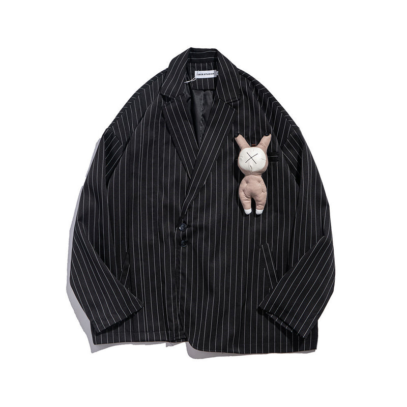 Men's Casual Suit Man Blzer Doll Pendant Vertical Stripes Blazer Men Loose Lapels Casual Small Suit