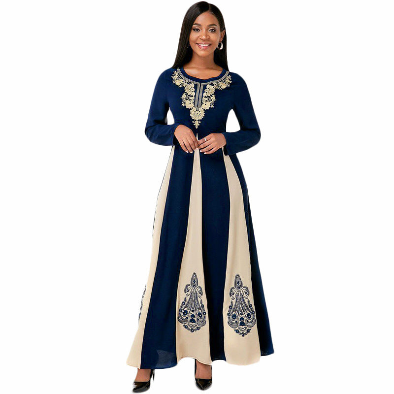 1920S Dress Autumn and Winter Printing round Neck Patchwork Long Dress Vintage Dress