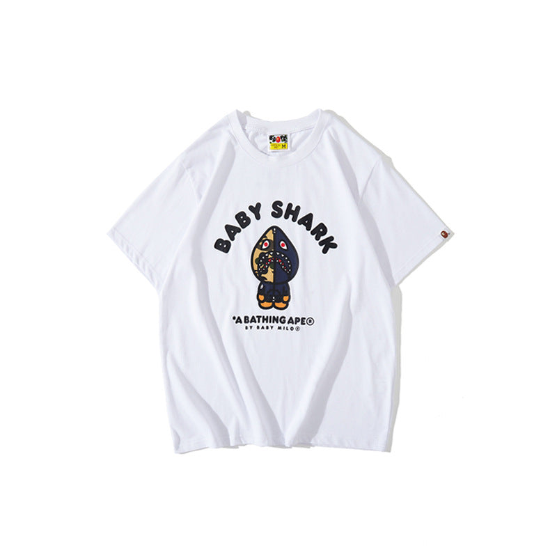 WGM Closing Shark Print Short Sleeve Couple Loose T-shirt