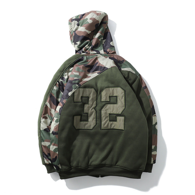Mens Fall Outfits Vintage Camouflage Letters Affixed Cloth Embroidered Baseball Jacket High Street Hooded Quilted Warm Coat