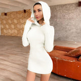 Winter Formal Dresses Hooded Long-Sleeved Woolen Skirt Knitted Solid Color Dress for Women