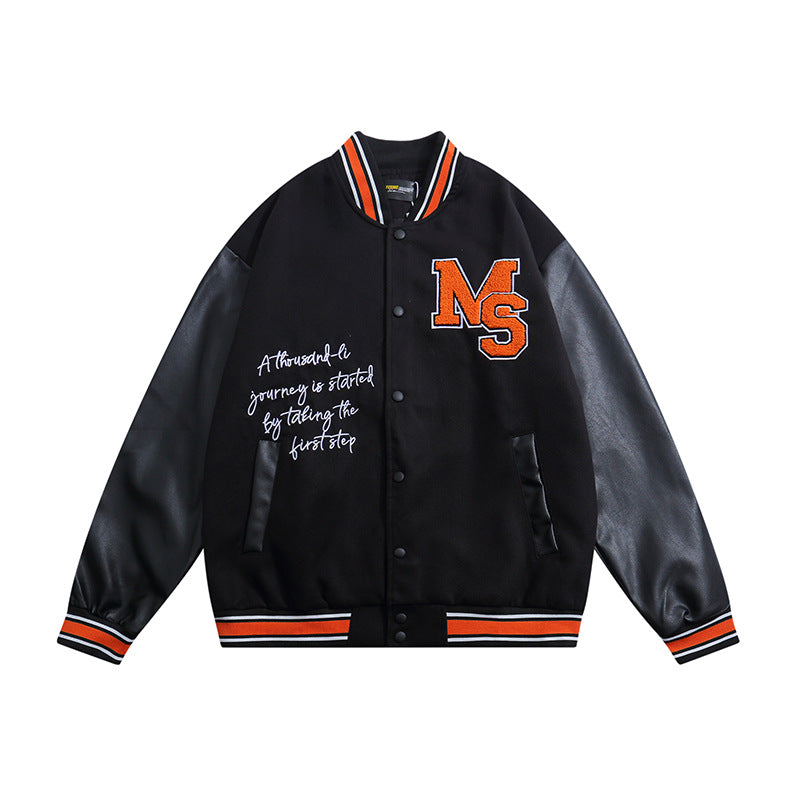 Orange Varsity Jacket Spring and Autumn Flocking Embroidered PU Leather Baseball Jacket Men and Women Couple Jacket