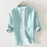 White Work Shirts Summer Stand Collar Solid Color White Youth Cotton and Linen Casual Loose Shirt