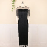 Nina Parker Black Dress Stitching Multi-Layer Tassel High Waist Sheath Dress