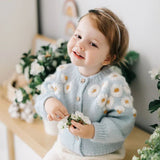 Girl Cardigan Sweaters Spring Round Neck Long Sleeve Cardigan Light Blue Solid Color Embroidered Sweater