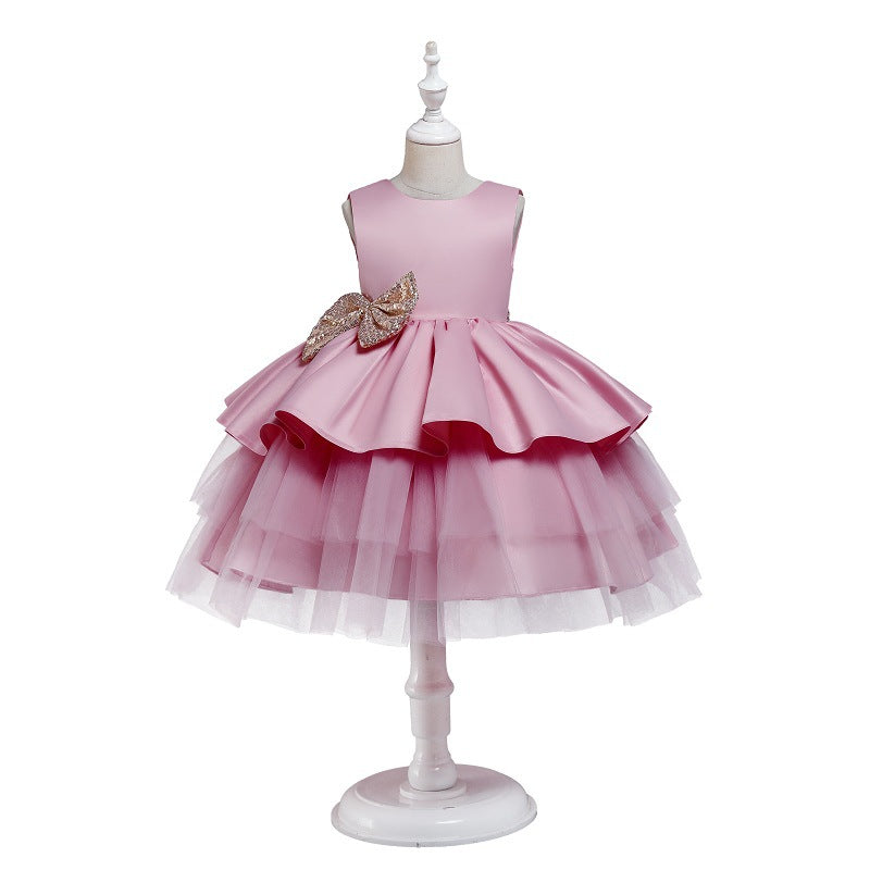 Toddler Girls Sequin Gown Dress Net Yarn Cake Skirt Bow One Year Old Celebration Dress Baby Girl Dress