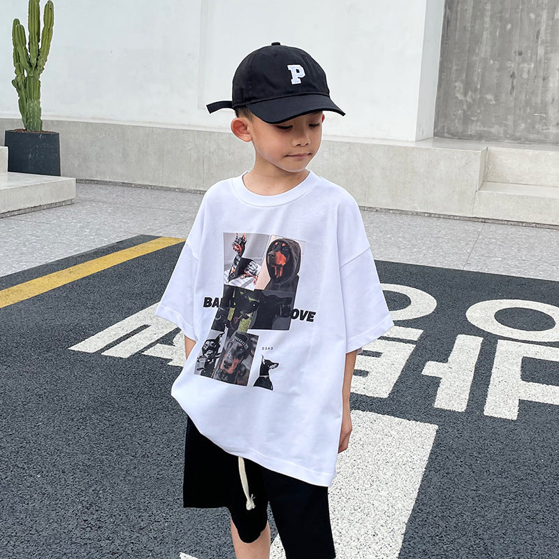 Kids Present Thoroughbred Doberman Dog Print T-Shirt Boy's Short-Sleeved T-shirt Summer Pure Cotton