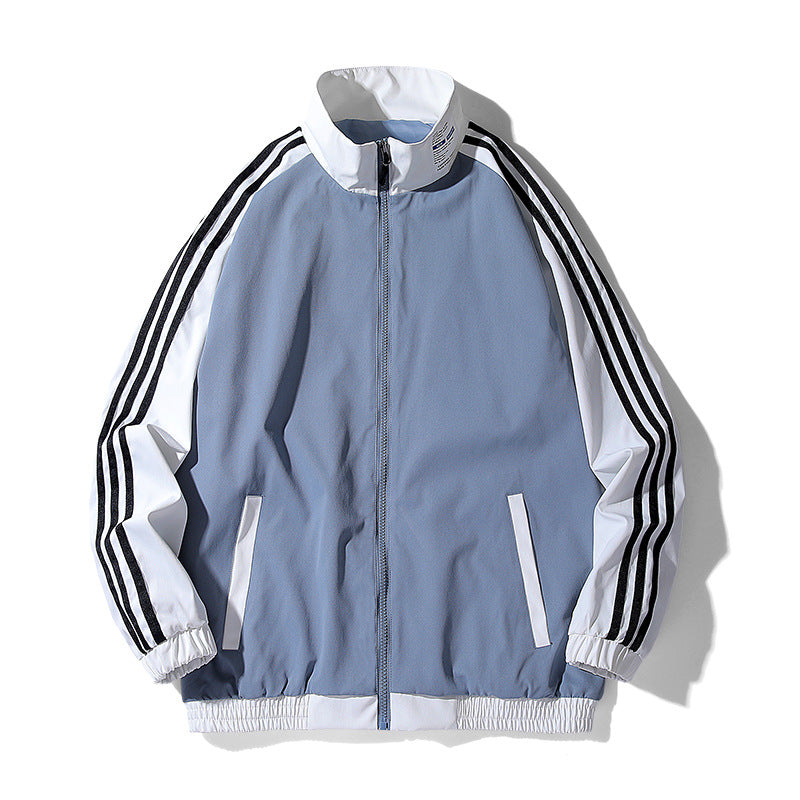 Blue Varsity Jacket Spring and Autumn Men's Jacket Striped Jacket Three Bars Clip Jacket Baseball Uniform
