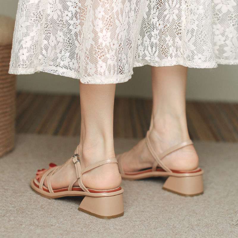 Nude Block Heel Peep Toe Sandals Roman Women's Shoes