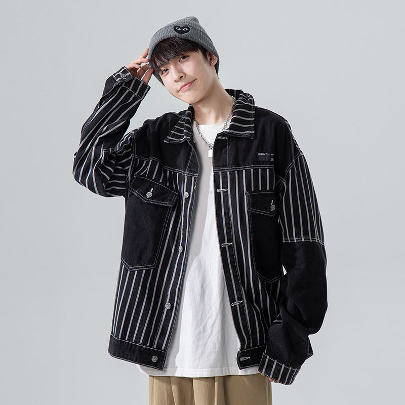 Denim Varsity Jacket Black Striped Denim Jacket Men's Retro Easy Matching Workwear Jacket Top
