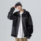 Denim Varsity Jacket Black Striped Denim Jacket Men's Retro Easy Matching Workwear Jacket Top