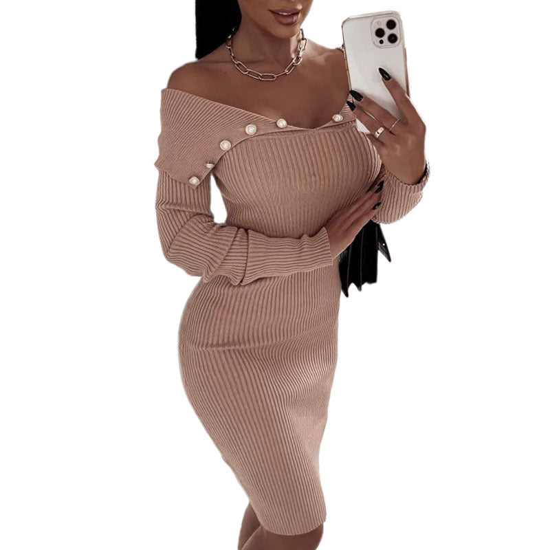 Winter Formal Dresses Button Waist-Controlled Long Sleeves Knitted Sheath Dress