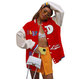 Red Varsity Jacket Autumn Women Clothing Fashion Casual Printing Baseball Uniform